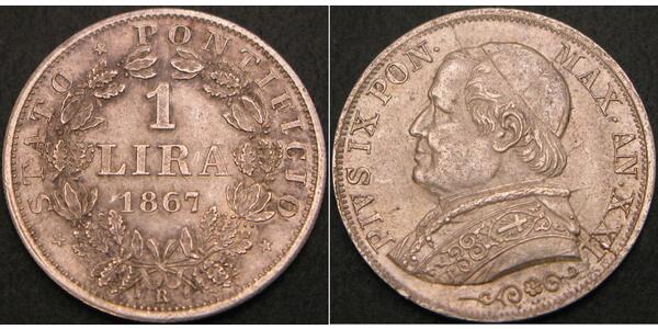 1 Lira Stato Pontificio (752-1870) Argento Papa Pio IX (1792- 1878)