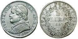 1 Lira 教皇国 (754 - 1870) 銀 Pope Pius IX (1792- 1878)