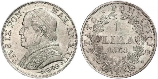 1 Lira 教皇国 (754 - 1870) 銀 Pope Pius IX (1792- 1878)