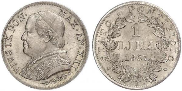 1 Lira 教皇国 (754 - 1870) 銀 Pope Pius IX (1792- 1878)