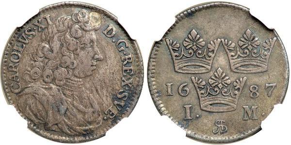 1 Mark Suecia Plata Carlos XI de Suecia (1655-1697)