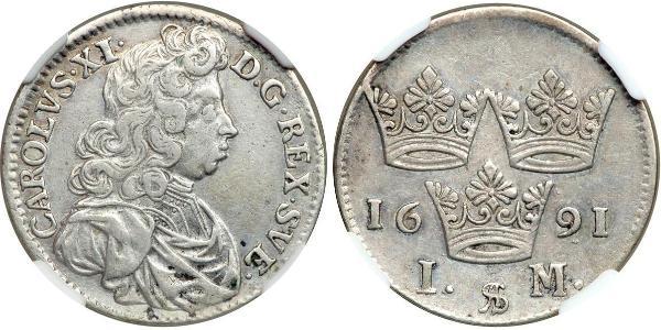 1 Mark Suecia Plata Carlos XI de Suecia (1655-1697)