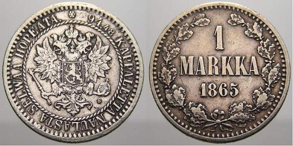 1 Mark Grand Duchy of Finland (1809 - 1917) Silver Alexander II of Russia (1818-1881)