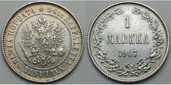 1 Mark 芬兰大公国 (1809 - 1917) 銀 尼古拉二世 (俄罗斯) (1868-1918)