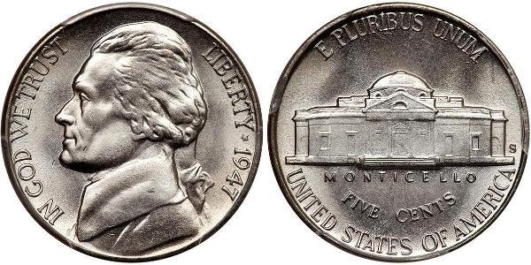 1 Nickel / 5 Cent 美利堅合眾國 (1776 - ) 銅/镍 Thomas Jefferson (1743-1826)