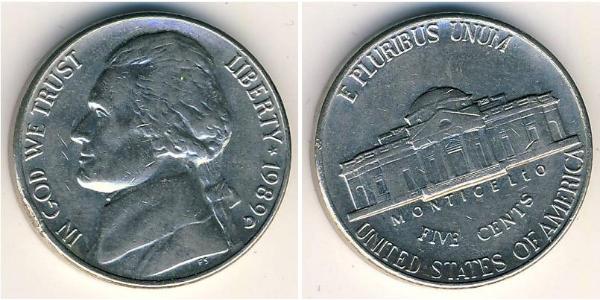 1 Nickel / 5 Цент США (1776 - ) Нікель/Мідь Томас Джефферсон (1743-1826)