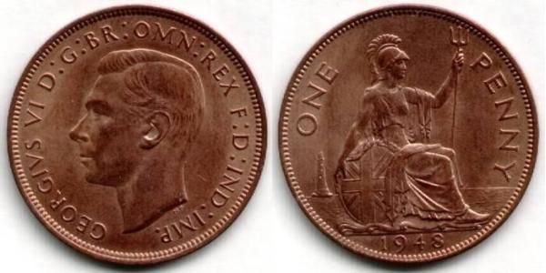 1 Penny Feriind Kiningrik (1922-) Bronze George VI (1895-1952)