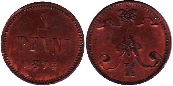 1 Penny Grand Duchy of Finland (1809 - 1917) Copper Alexander II of Russia (1818-1881)