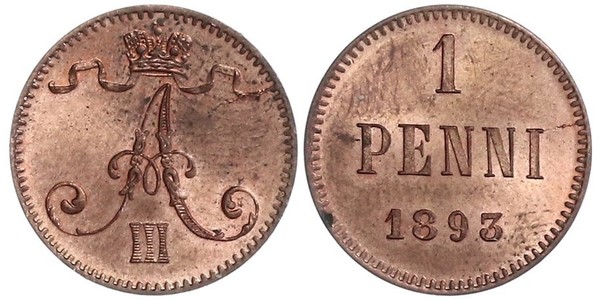 1 Penny Granducato di Finlandia (1809 - 1917) Rame Alessandro III (1845 -1894)