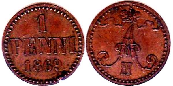 1 Penny Granducato di Finlandia (1809 - 1917) Rame Alessandro II (1818-1881)