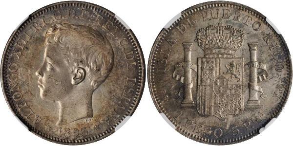 1 Peso Porto Rico Argent Alfonso XIII of Spain (1886 - 1941)