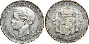 1 Peso Filippine Argento Alfonso XIII of Spain (1886 - 1941)