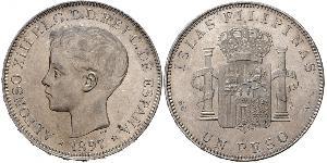 1 Peso Filippine Argento Alfonso XIII of Spain (1886 - 1941)