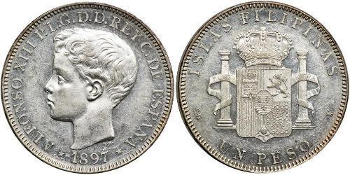 1 Peso Filippine Argento Alfonso XIII of Spain (1886 - 1941)