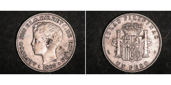 1 Peso Filippine Argento Alfonso XIII of Spain (1886 - 1941)