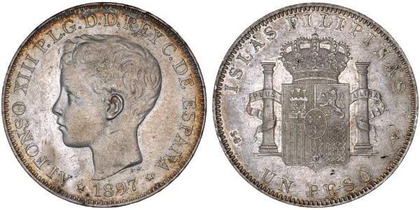 1 Peso Filippine Argento Alfonso XIII of Spain (1886 - 1941)