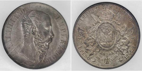 1 Peso Segundo Imperio Mexicano (1864 - 1867) Plata Maximilian I of Mexico (1832 - 1867)
