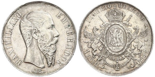 1 Peso Segundo Imperio Mexicano (1864 - 1867) Plata Maximilian I of Mexico (1832 - 1867)