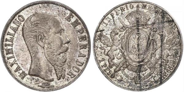 1 Peso Segundo Imperio Mexicano (1864 - 1867) Plata Maximilian I of Mexico (1832 - 1867)