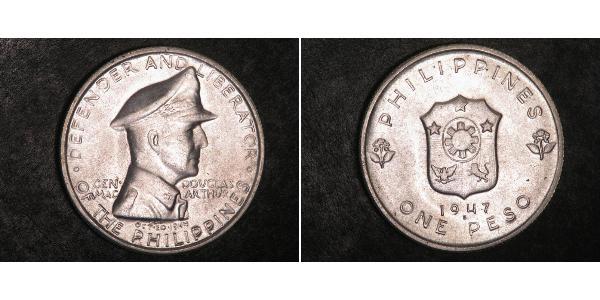 1 Peso Philippines Silver Douglas MacArthur (1880 - 1964) 