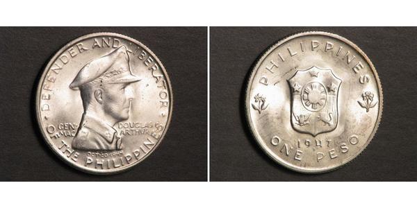 1 Peso Philippines Silver Douglas MacArthur (1880 - 1964) 