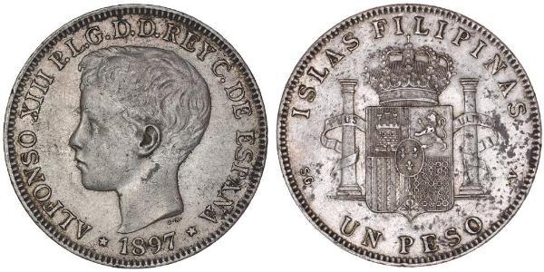 1 Peso Philippines Silver Alfonso XIII of Spain (1886 - 1941)