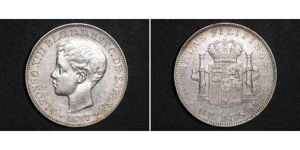 1 Peso Philippines Silver Alfonso XIII of Spain (1886 - 1941)