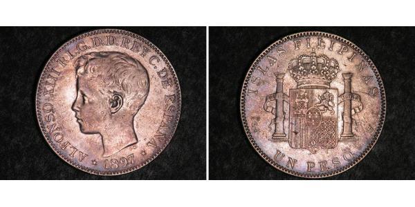 1 Peso Philippines Silver Alfonso XIII of Spain (1886 - 1941)