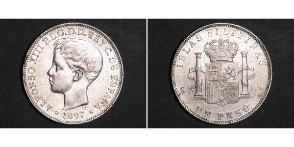 1 Peso Philippines Silver Alfonso XIII of Spain (1886 - 1941)