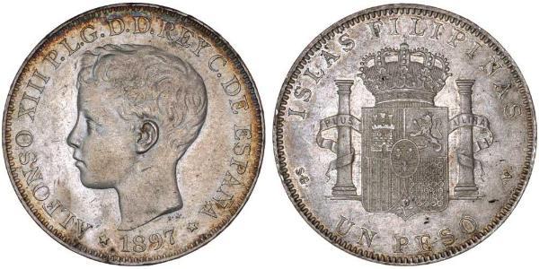 1 Peso Philippines Silver Alfonso XIII of Spain (1886 - 1941)