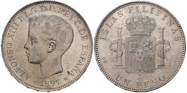 1 Peso Philippines Silver Alfonso XIII of Spain (1886 - 1941)