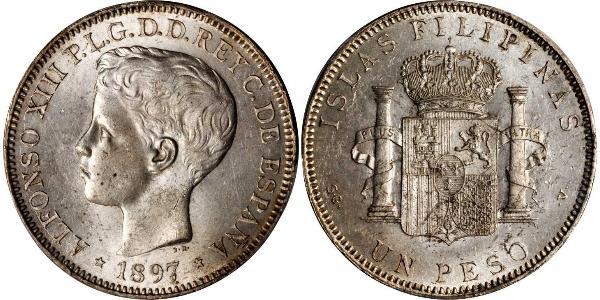 1 Peso Philippines Silver Alfonso XIII of Spain (1886 - 1941)