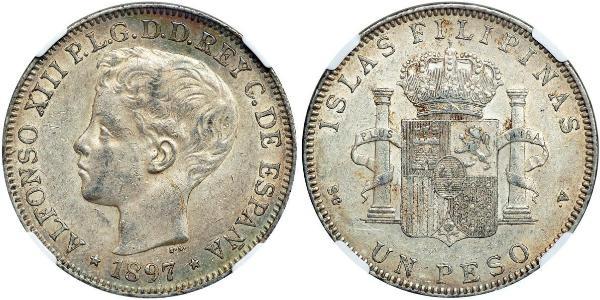 1 Peso Philippines Silver Alfonso XIII of Spain (1886 - 1941)