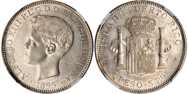 1 Peso Puerto Rico Silver Alfonso XIII of Spain (1886 - 1941)