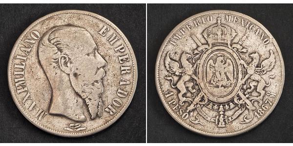 1 Peso Second Mexican Empire (1864 - 1867) Silver Maximilian I of Mexico (1832 - 1867)