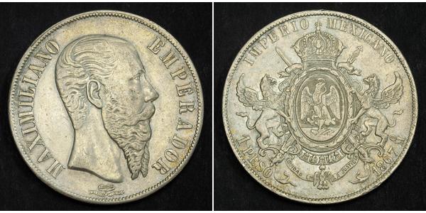 1 Peso Second Mexican Empire (1864 - 1867) Silver Maximilian I of Mexico (1832 - 1867)