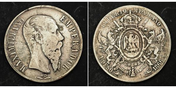 1 Peso Second Mexican Empire (1864 - 1867) Silver Maximilian I of Mexico (1832 - 1867)