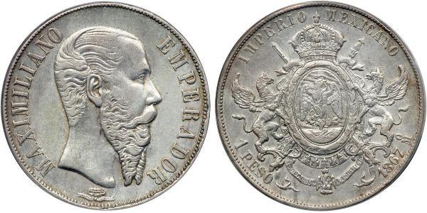 1 Peso 墨西哥第二帝國 (1864 - 1867) 銀 Maximilian I of Mexico (1832 - 1867)
