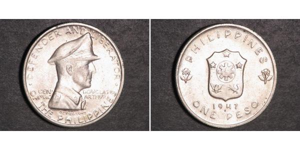 1 Peso 菲律宾 銀 Douglas MacArthur (1880 - 1964) 