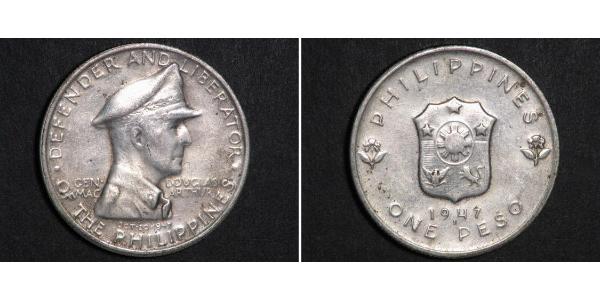 1 Peso 菲律宾 銀 Douglas MacArthur (1880 - 1964) 