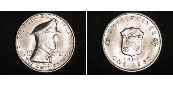 1 Peso 菲律宾 銀 Douglas MacArthur (1880 - 1964) 