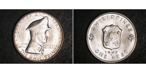 1 Peso 菲律宾 銀 Douglas MacArthur (1880 - 1964) 