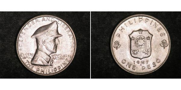 1 Peso 菲律宾 銀 Douglas MacArthur (1880 - 1964) 