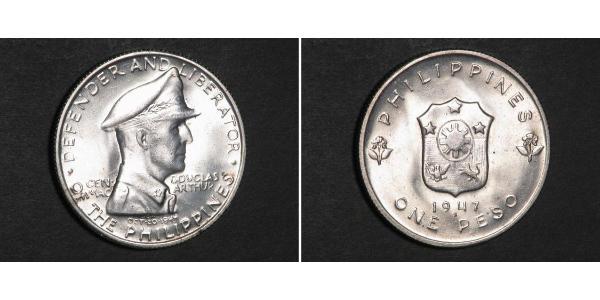 1 Peso 菲律宾 銀 Douglas MacArthur (1880 - 1964) 