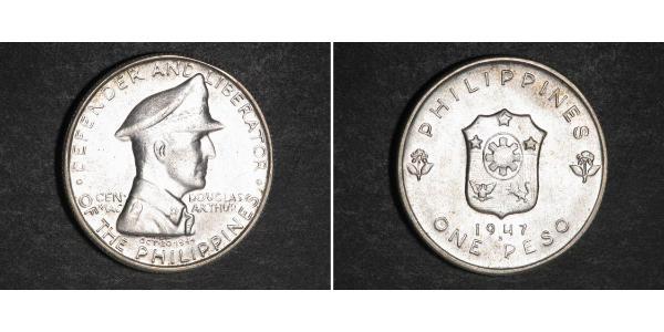 1 Peso 菲律宾 銀 Douglas MacArthur (1880 - 1964) 