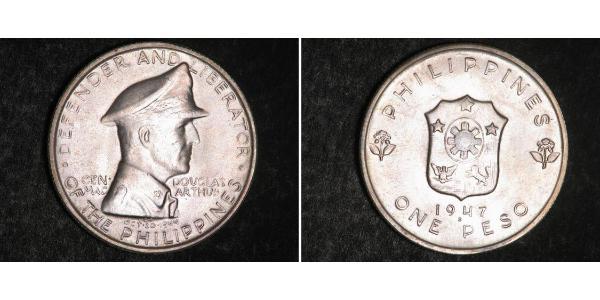 1 Peso 菲律宾 銀 Douglas MacArthur (1880 - 1964) 