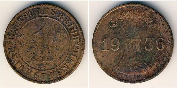 1 Reichpfennig / 1 Pfennig 魏瑪共和國 (1919 - 1933) 青铜 