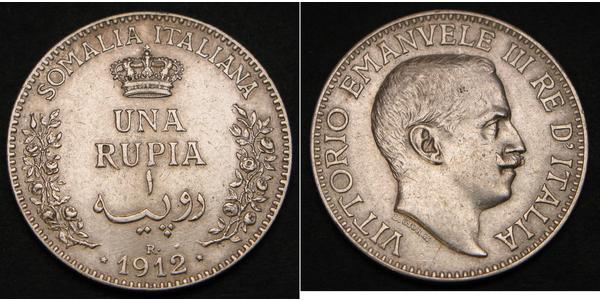 1 Rupee 意大利王國 (1861-1946) 銀 维托里奥·埃马努埃莱三世 (1869 - 1947)