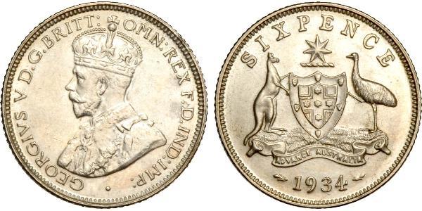 1 Sixpence 澳大利亚 銀 乔治五世  (1865-1936)