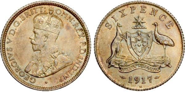 1 Sixpence 澳大利亚 銀 乔治五世  (1865-1936)